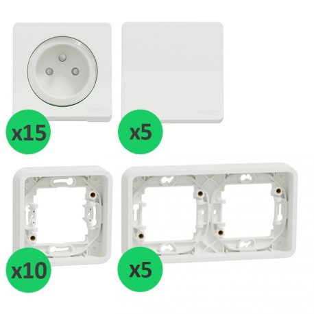 Schneider Mureva Styl - Lot 15 prises + 5 va-et-vient + 10 cadres 1 poste + 5 cadres 2 postes - Encastrés - Blanc - Réf: PBX0008