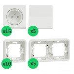 Schneider Mureva Styl - Lot 15 prises + 5 va-et-vient + 10 cadres 1 poste + 5 cadres 2 postes - Encastrés - Blanc - Réf: PBX0008