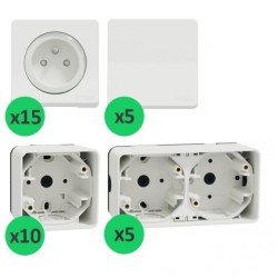 Schneider Mureva Styl - Lot de 15 prises + 5 va-et-vient + 10 boîtes 1 poste + 5 boîtes 2 postes - Saillie -Blanc - Réf: PBX0009