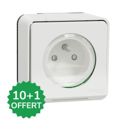 Schneider Mureva Styl - Lot de 11 Prises de courant 2P+T saillies dont 1 OFFERTE - Blanc - Complet saillie IP55 - Réf : PBX0017