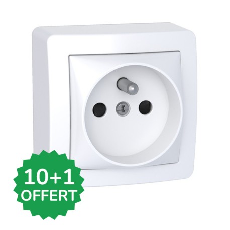 Schneider Alréa - Lot de 11 Prises de courant 2P+T saillies dont 1 OFFERTE - Blanc polaire - 16A à 250V CA - Réf : PBX0019