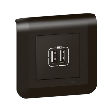 Legrand Mosaic - Chargeur 2 USB Type-A Complet  - 2,4A 12W 2 modules - Noir mat - Support vis - Réf : 079194L-P