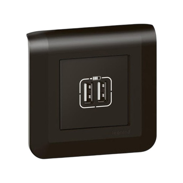 Legrand Mosaic - Chargeur 2 USB Type-A Complet  - 2,4A 12W 2 modules - Noir mat - Support vis - Réf : 079194L-P