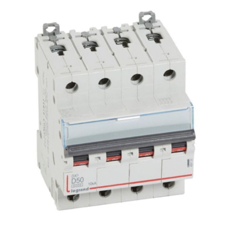 Legrand -  Disjoncteur DX³6000 10kA arrivée haute départ bas à vis 4P 400~ 50A - courbe D - peigne HX³ trad - Réf : 408122