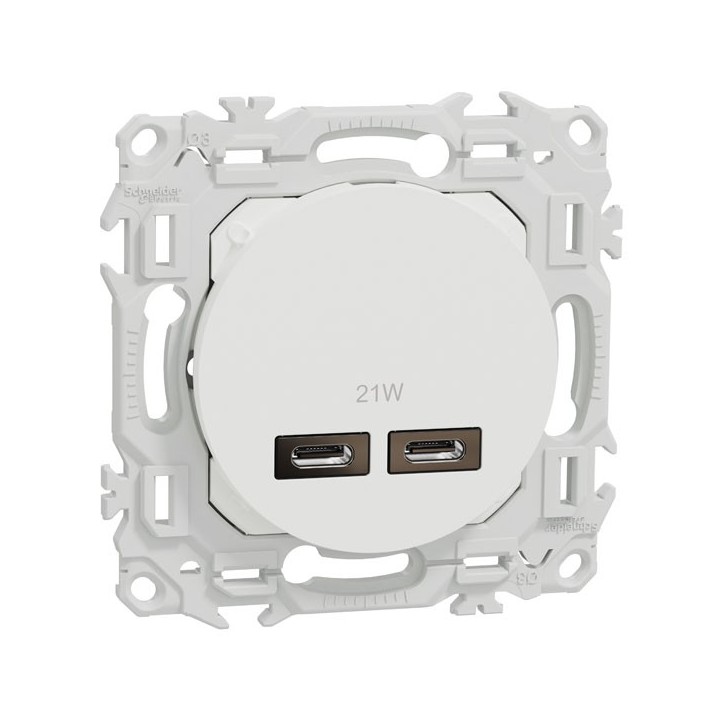 Schneider Odace - chargeur double USB type C+C - 21W Power Delivery - blanc craie  - Réf : S920401