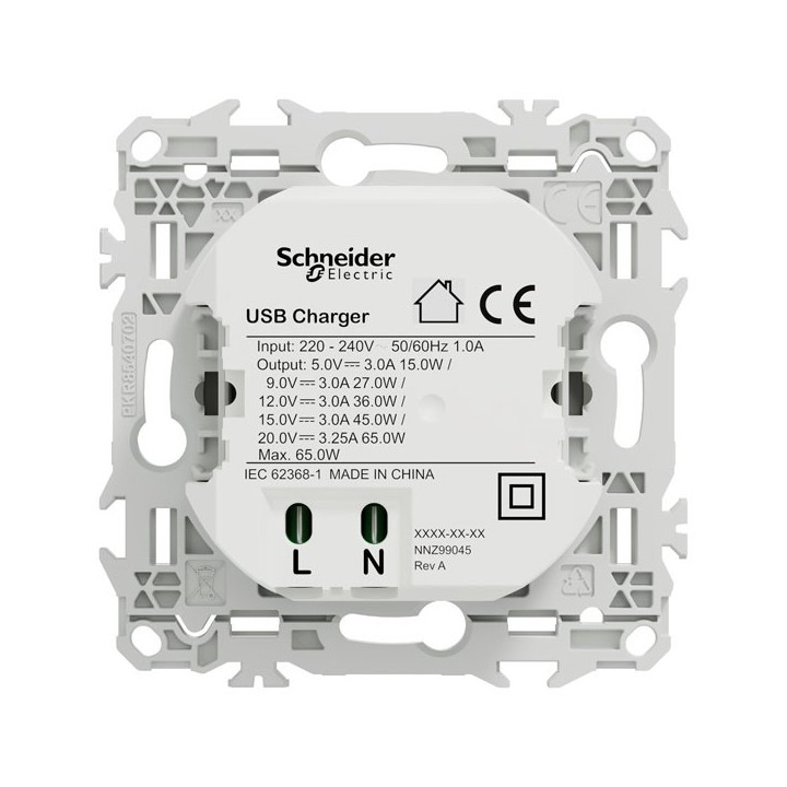 Schneider Odace - chargeur USB-C 65W - forte puissance et charge rapide - blanc craie - Réf : S920406