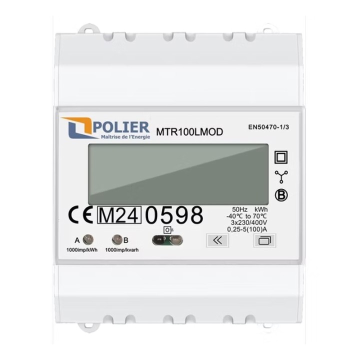 Polier - Compteur électrique modulaire - Tétra 100A - Certifié MID - Simple tarif - Modbus - Sortie d'impulsion -Réf: MTR100LMOD