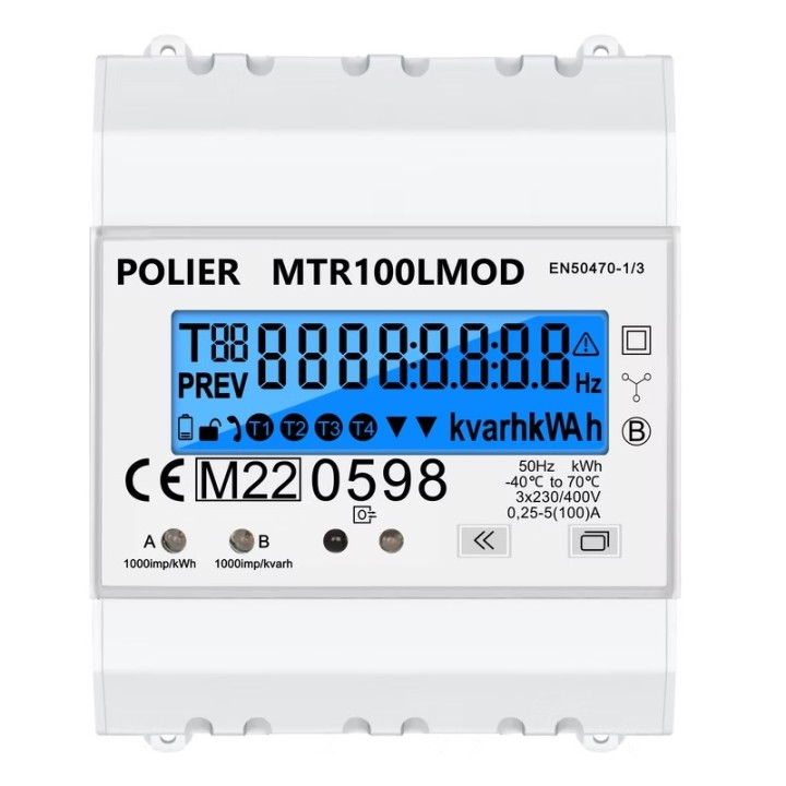 Polier - Compteur électrique modulaire - Tétra 100A - Certifié MID - Simple tarif - Modbus - Sortie d'impulsion -Réf: MTR100LMOD