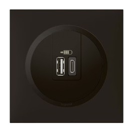 Legrand - Double chargeur USB 1 Type A + 1 Type C Dooxie 3A avec Plaque de finition carrée - Finition noir mat- Réf : 600549-P