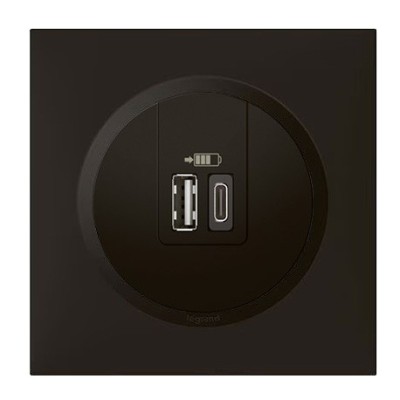 Legrand - Double chargeur USB 1 Type A + 1 Type C Dooxie 3A avec Plaque de finition carrée - Finition noir mat- Réf : 600549-P