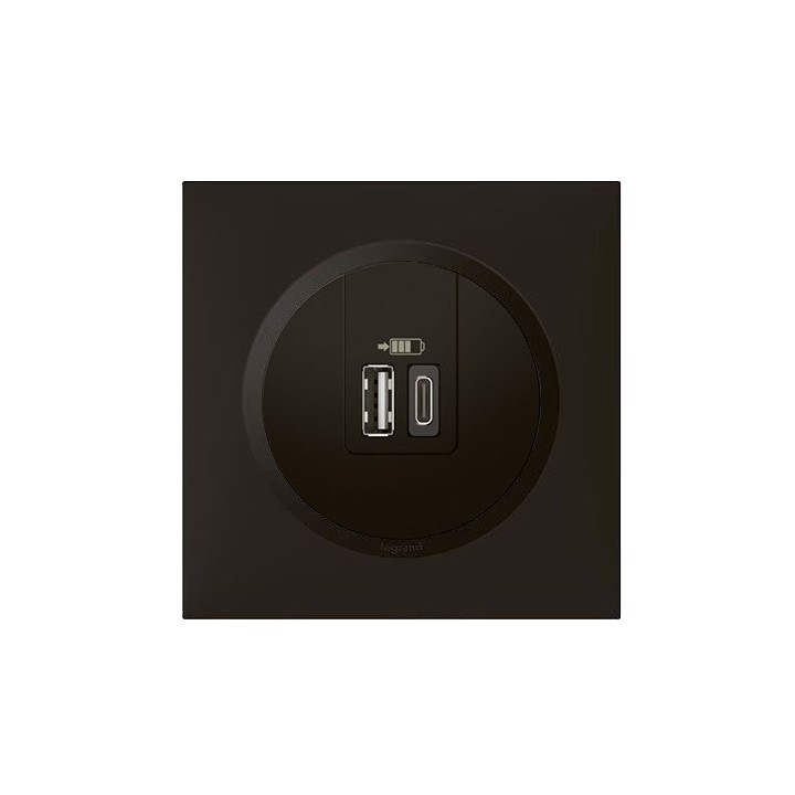 Legrand - Double chargeur USB 1 Type A + 1 Type C Dooxie 3A avec Plaque de finition carrée - Finition noir mat- Réf : 600549-P