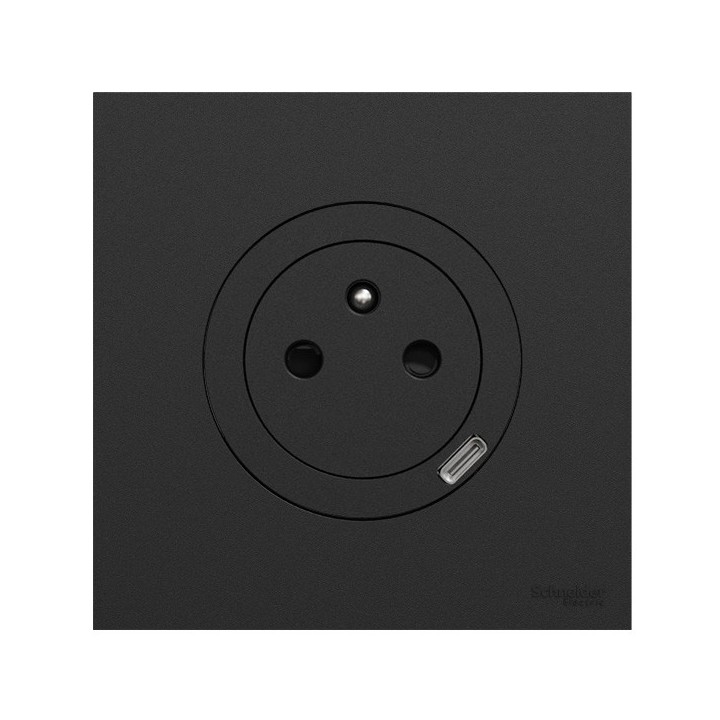 Schneider Odace - prise 2P+T affleurante + chargeur USB-C 18W avec plaque de finition - noir onyx - Réf : S940042-P
